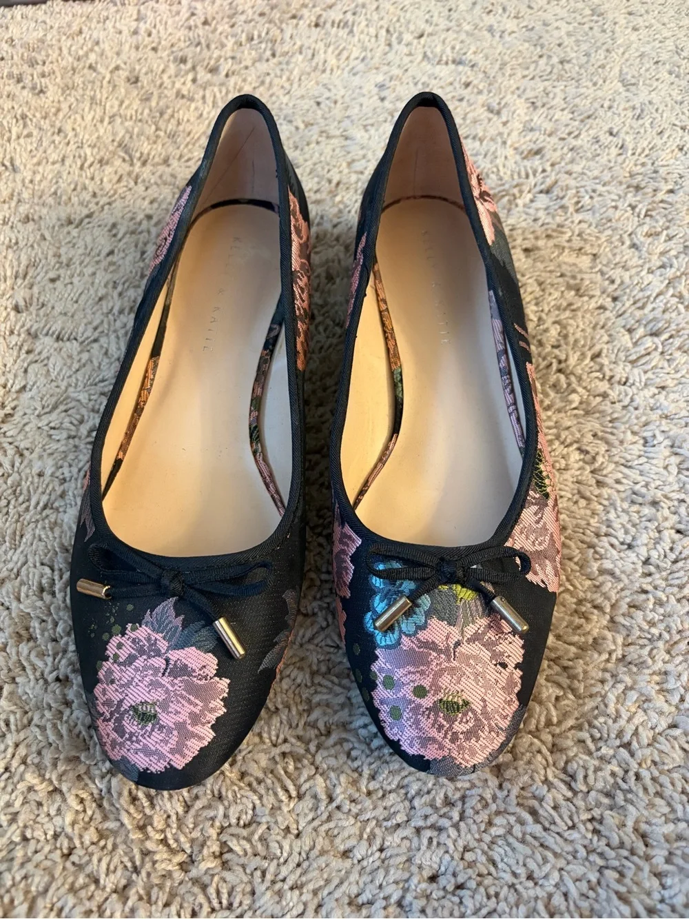 Kelly & Katie Black Ballet Flats with Pink Floral Embroidery and Bow